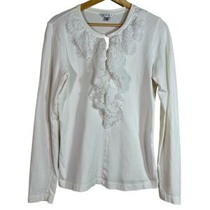 Cabi Women's Top Ivory Lace Trim Keyhole Long Sleeves Romantic Minimalist Size M